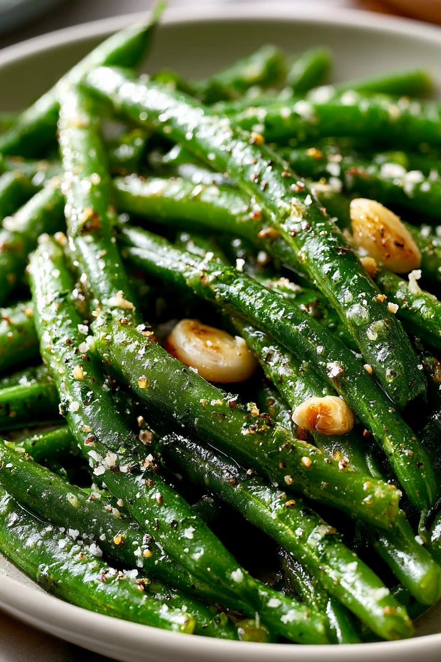 Skillet roasted garlic green beans served in a pan.
