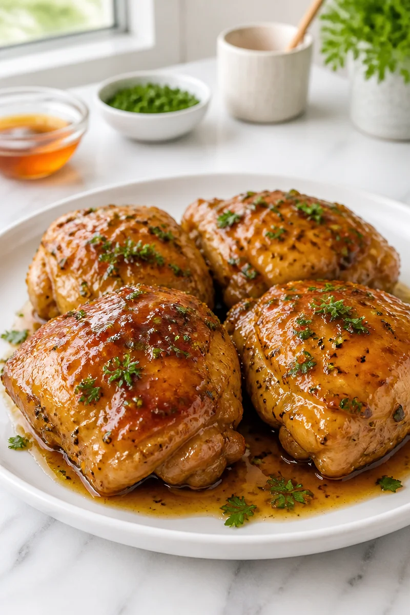Slow Cooker Honey Mustard Chicken Thigh served with vegetables on a plate