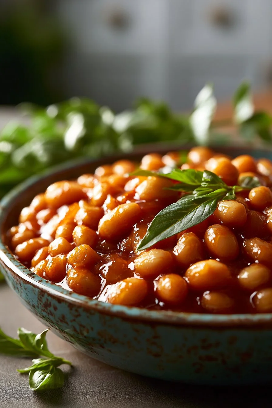 Slow Cooker Maple Vegetarian Baked Beans served in a bowl with a rustic background