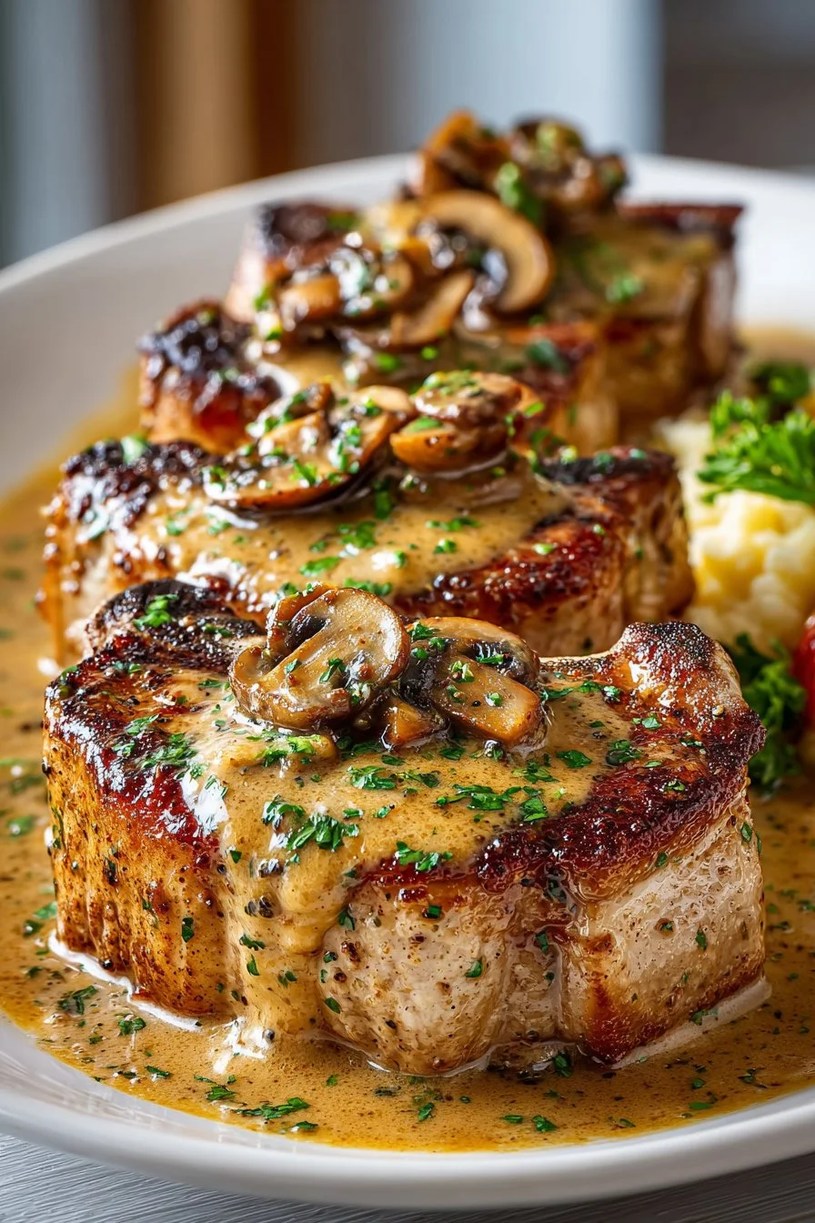 Slow cooker smothered pork chops with gravy on a plate ready to serve