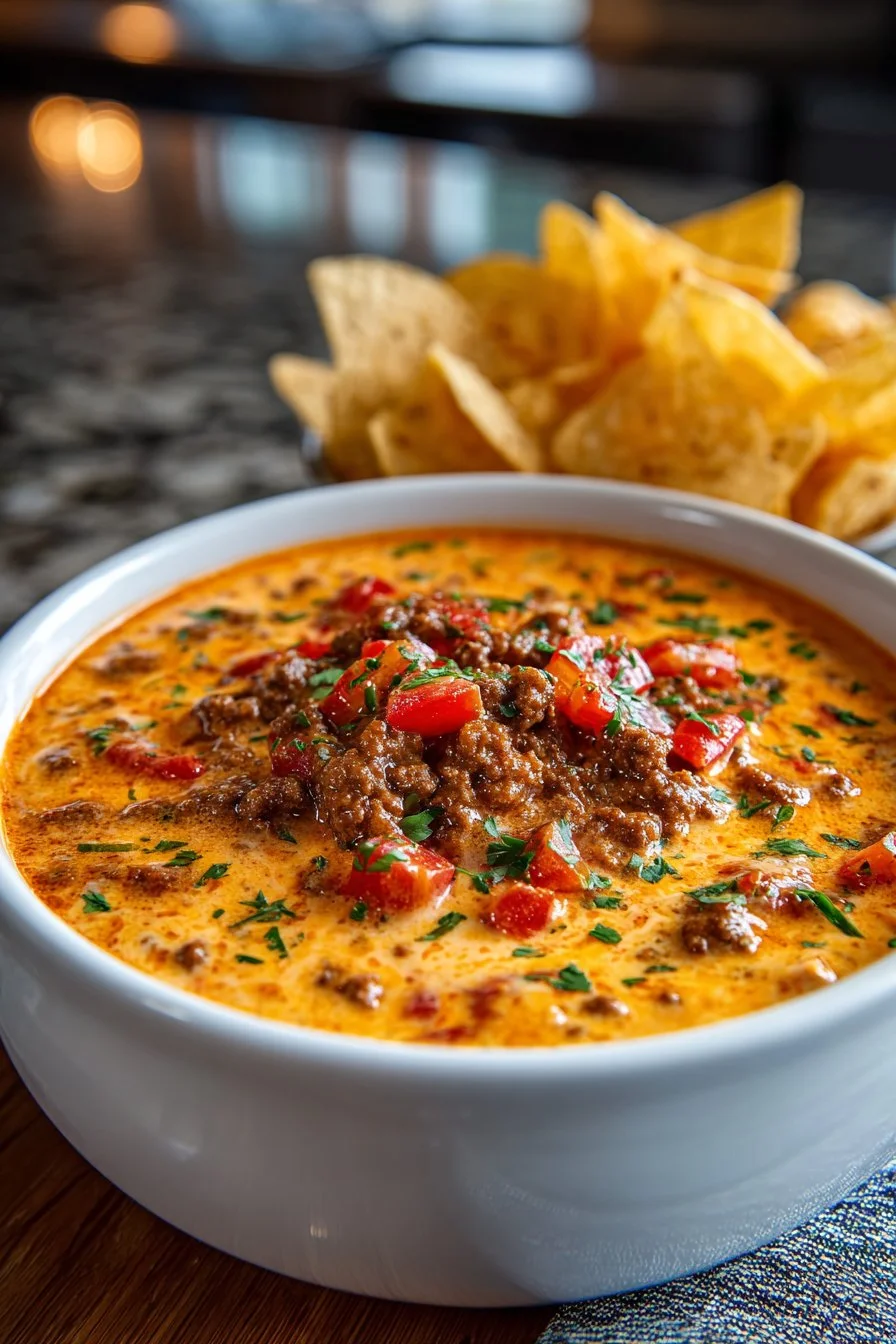 Creamy Slow Cooker Velveeta Rotel Dip with Ground Beef served in a bowl