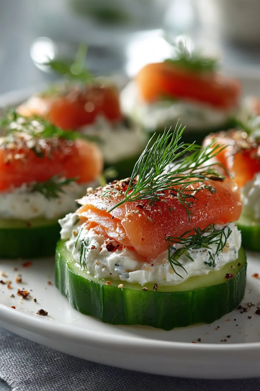 Smoked salmon cream cheese cucumber appetizer on a platter