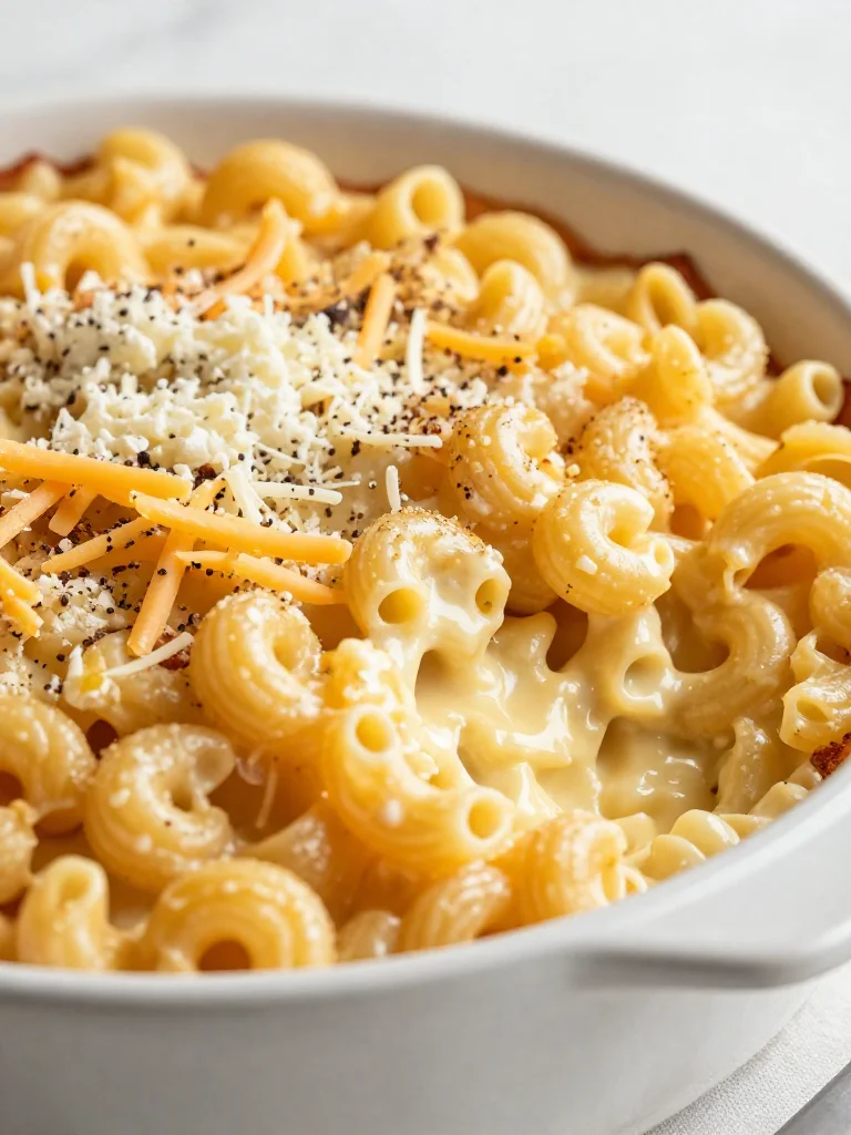 Southern baked macaroni and cheese with a golden crust and creamy texture