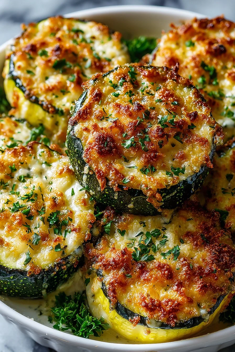 Southern Cheesy Baked Summer Squash dish with melted cheese topping.