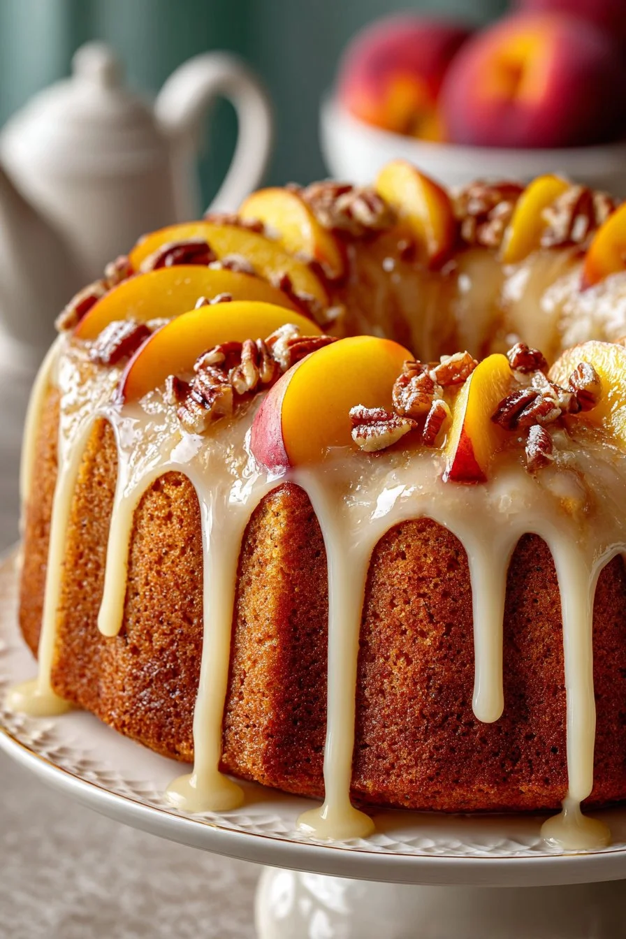 Slice of Southern pecan glazed peach cake with fresh peaches and pecan topping.