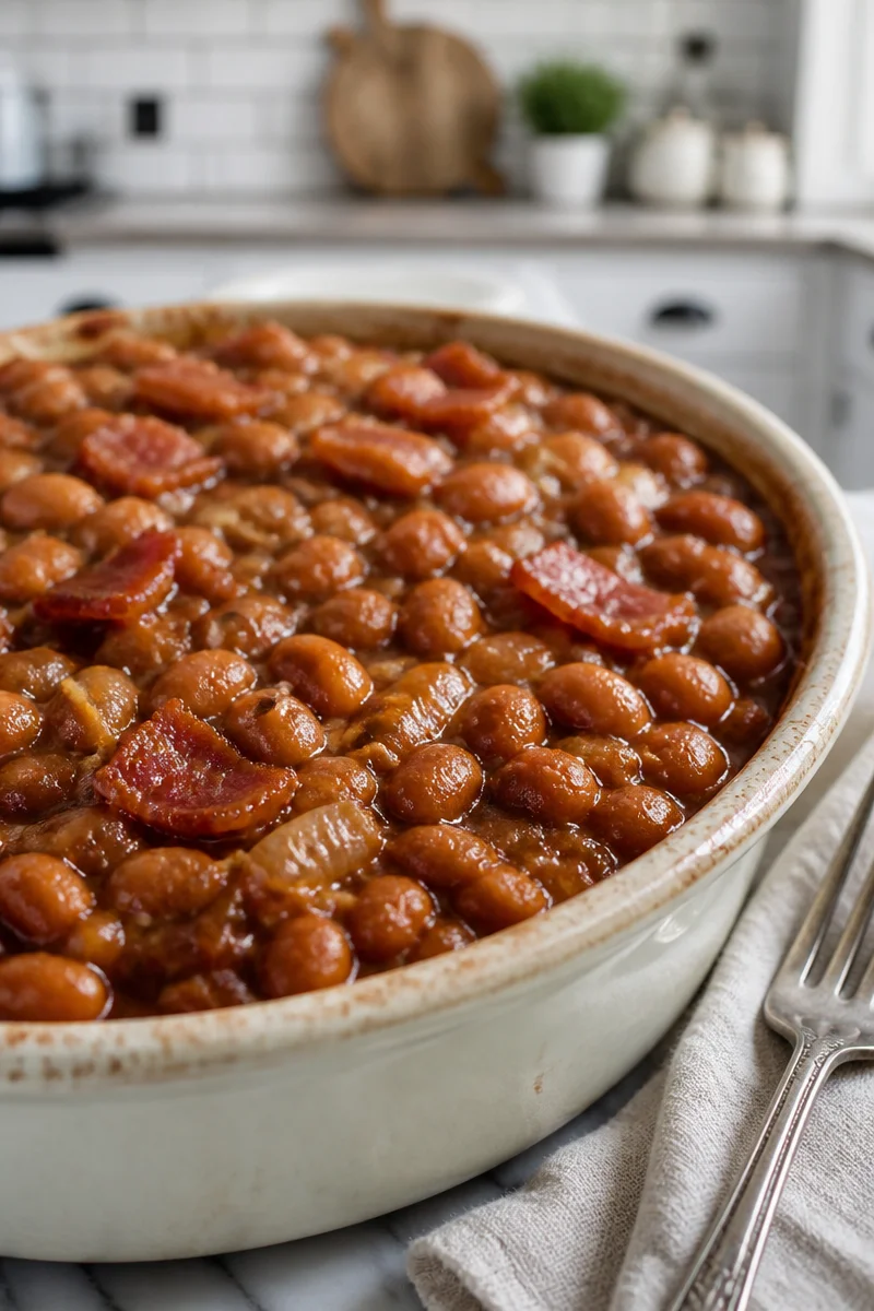 Southern style sweet and tangy baked beans in a serving dish