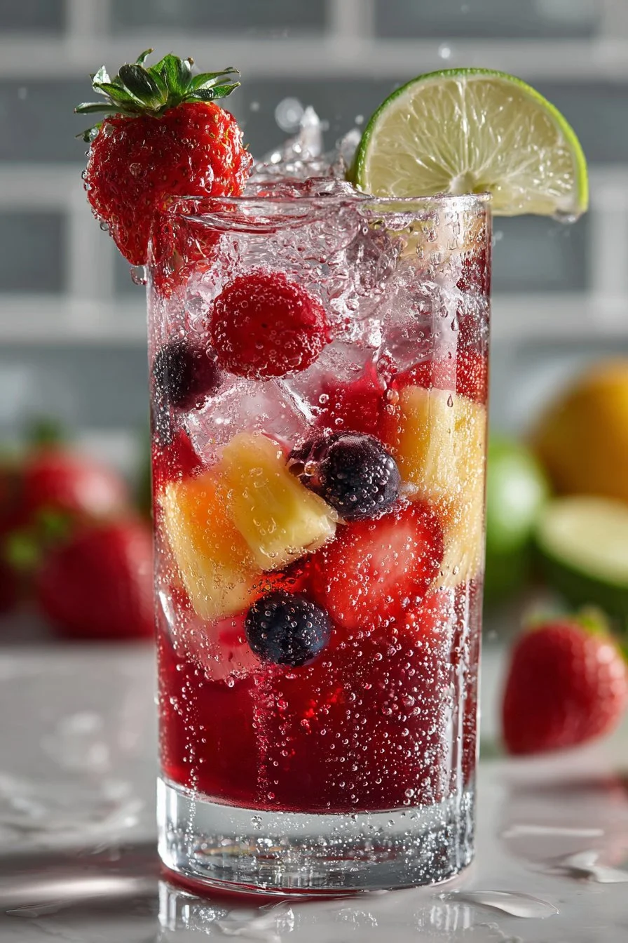 Sparkling Non Alcoholic 4th of July Punch Drink served in a festive glass.
