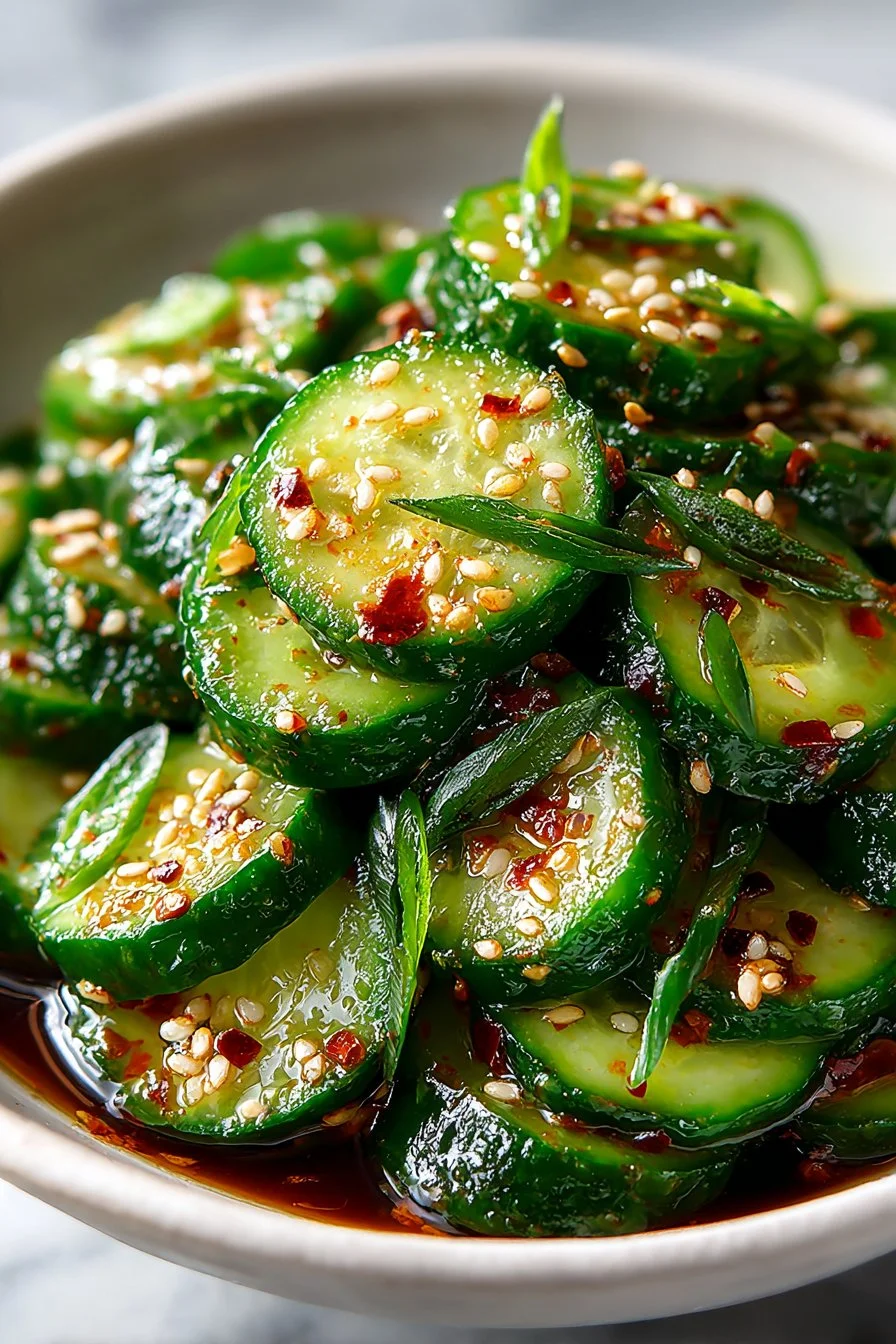Spicy Chili Garlic Asian Cucumber Salad served in a bowl with fresh ingredients