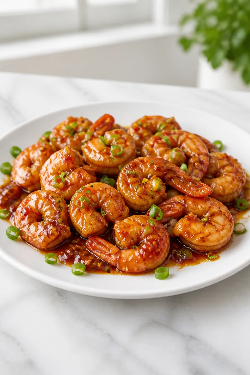 Plate of spicy honey garlic shrimp garnished with green onions