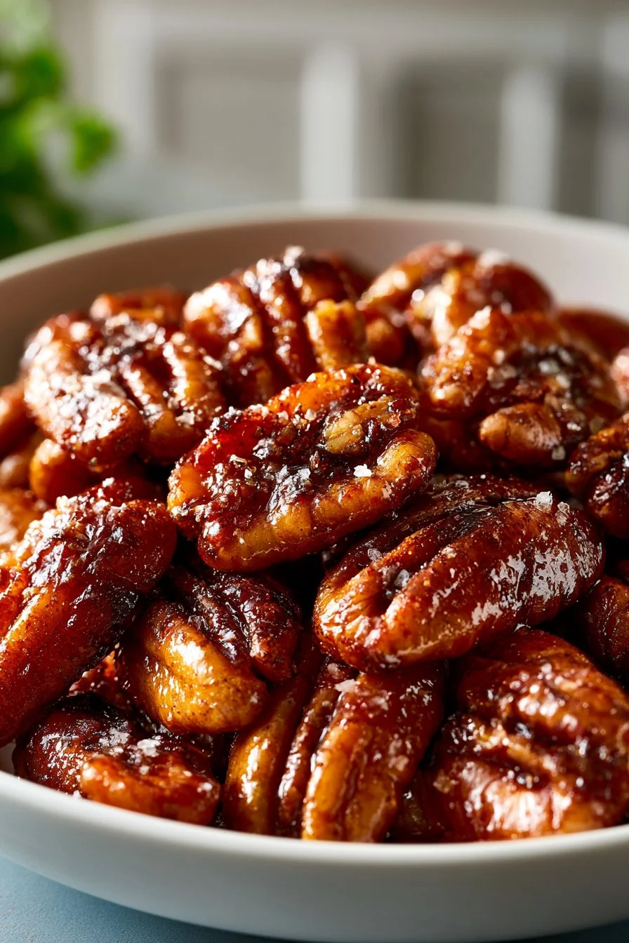 A bowl of spicy roasted pecans ready to be served as a snack.
