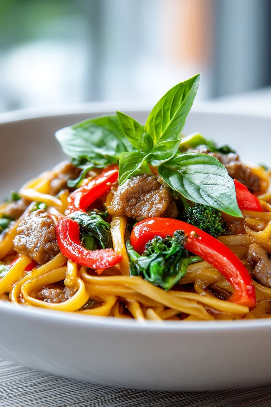 A vibrant dish of spicy sausage Italian drunken noodle with fresh herbs and vegetables.