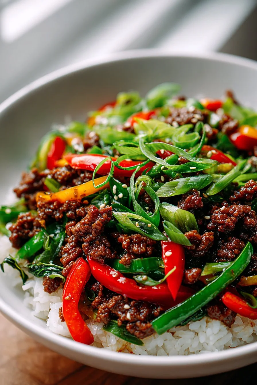 Skillet Mongolian Ground Beef served with rice and vegetables