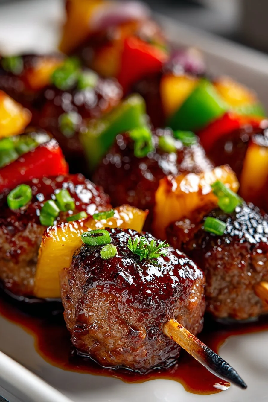 Sweet and sour meatball skewers served on a plate as a Hawaiian appetizer.