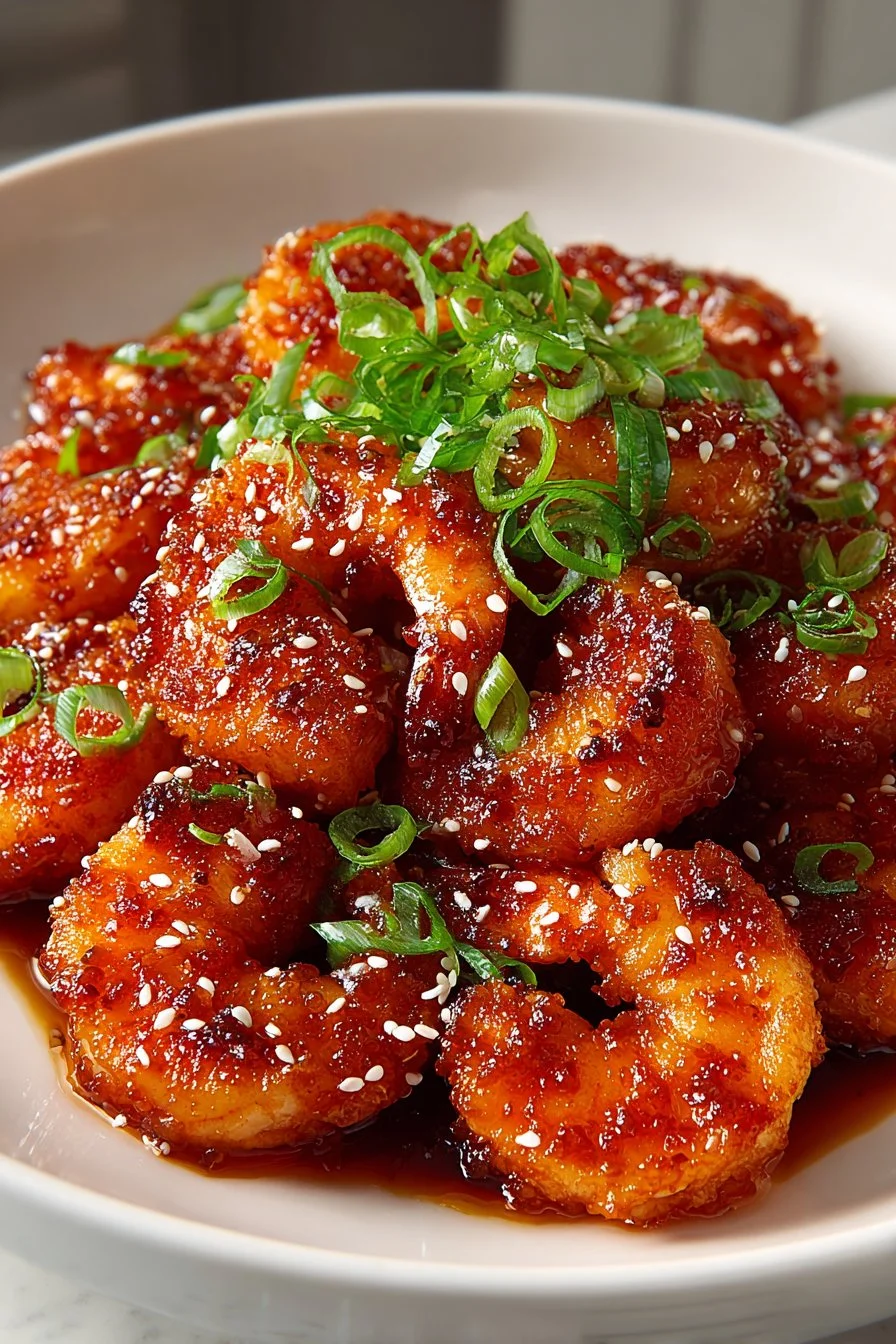 Plate of sweet and sour sticky air fryer shrimp garnished with herbs