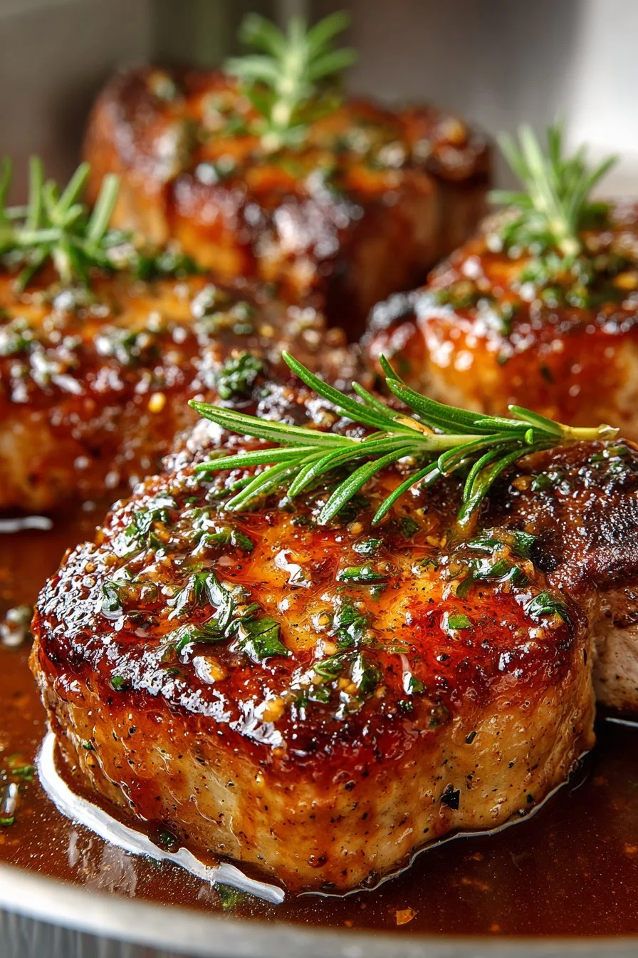 Delicious sweet apple cider glazed pork chops served on a plate