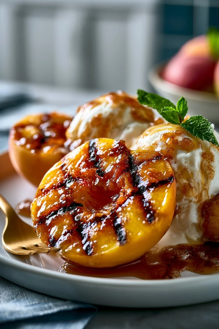 Delicious sweet brown sugar grilled peaches on a platter