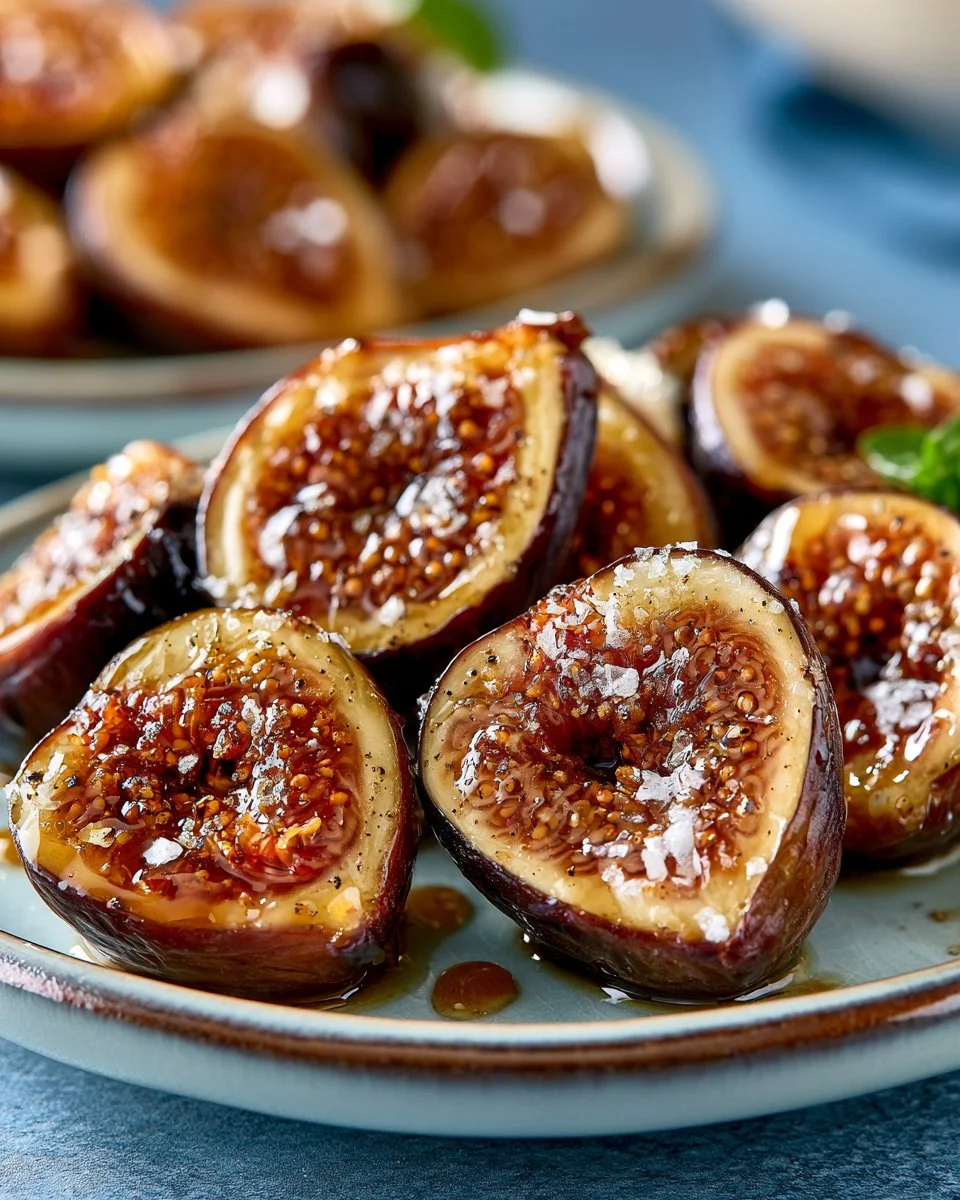 Sweet honey roasted figs served on a plate, garnished with herbs.
