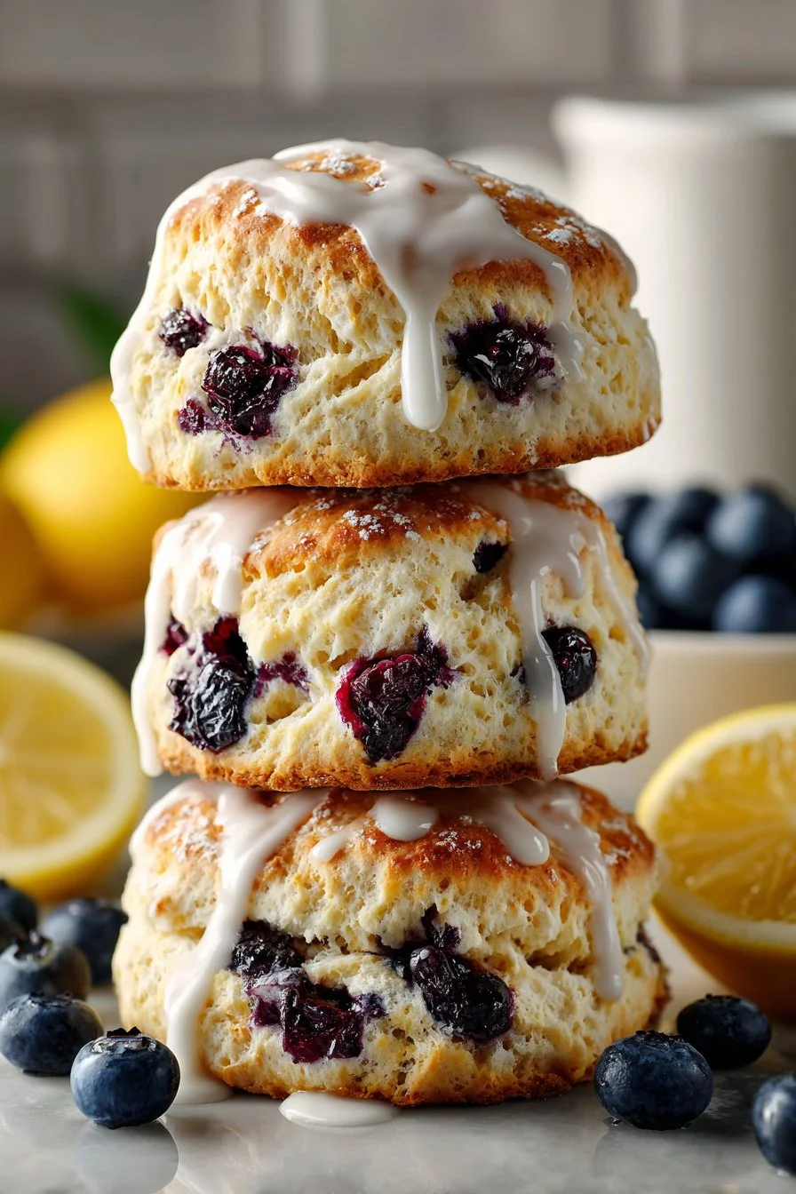 Sweet iced buttermilk blueberry lemon scones on a plate