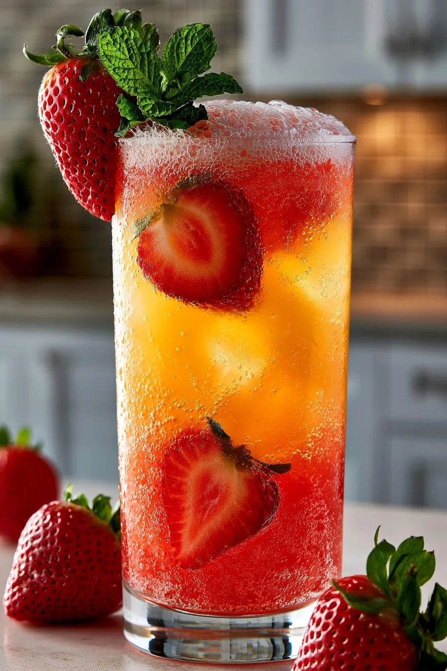 Refreshing Sweet Strawberry Sunrise Virgin Mimosa drink garnished with strawberries
