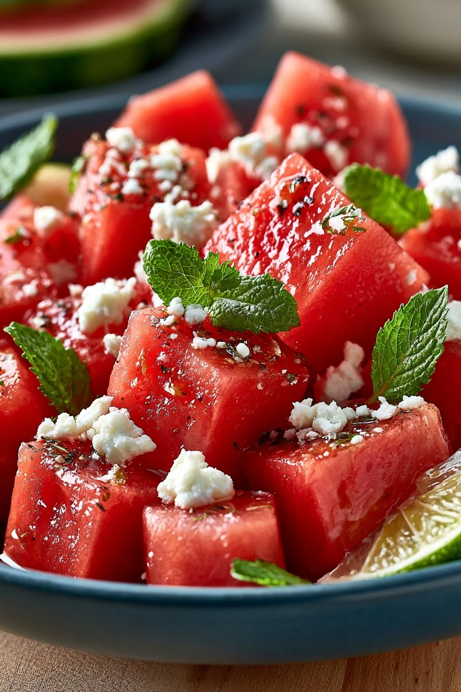Bowl of refreshing sweet summer watermelon salad with mint and feta