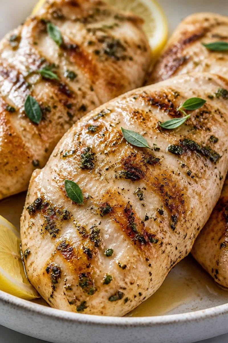 Tender lemon herb marinated Greek yogurt chicken served on a plate