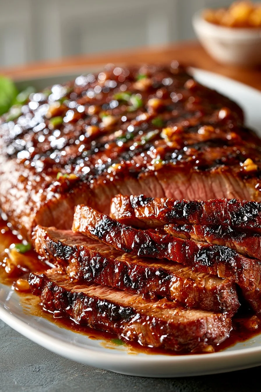 Tender marinated flank steak served on a plate with herbs and spices