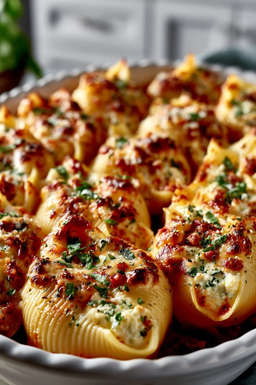 Traditional baked stuffed shells filled with ricotta and marinara sauce