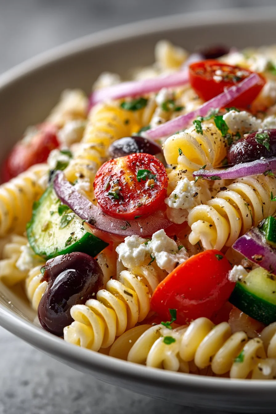 Bowl of traditional homemade Greek pasta salad with fresh vegetables and feta cheese