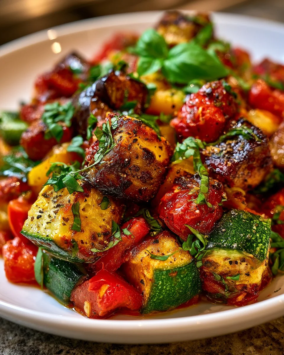 Traditional rustic ratatouille dish featuring colorful vegetables and herbs