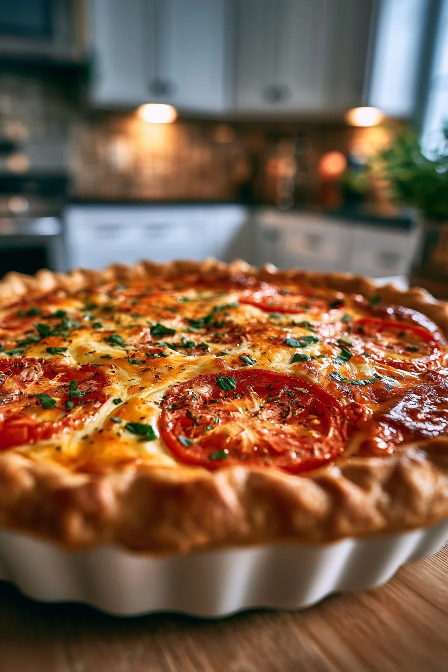 Delicious traditional Southern tomato pie garnished with fresh herbs