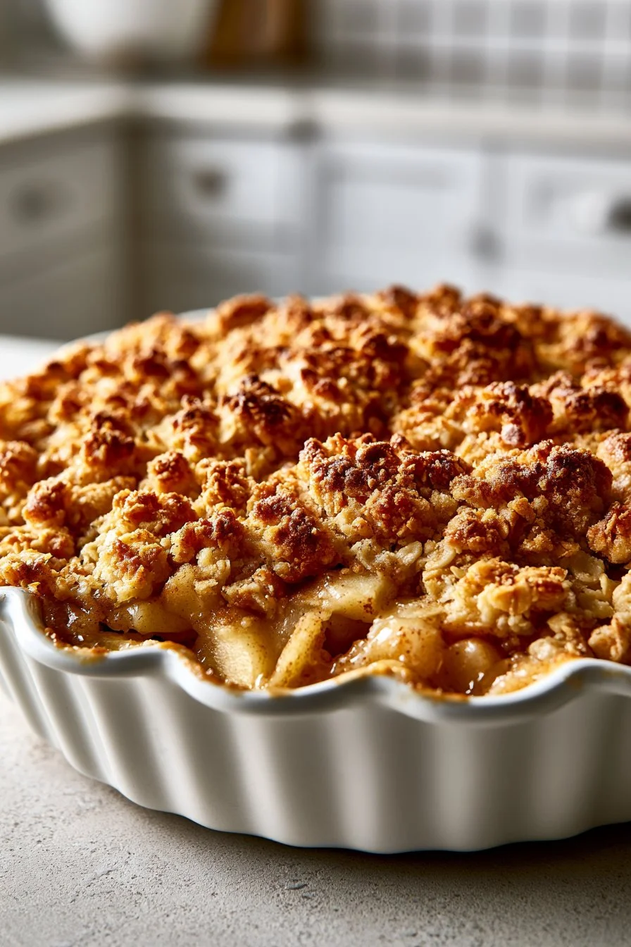 Delicious warm early fall apple crisp topped with a golden oat crumble
