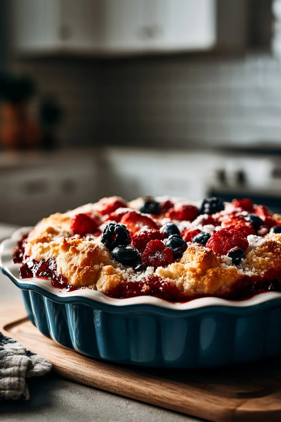 Warm summer mixed berry cobbler served in a rustic dish with a scoop of vanilla ice cream