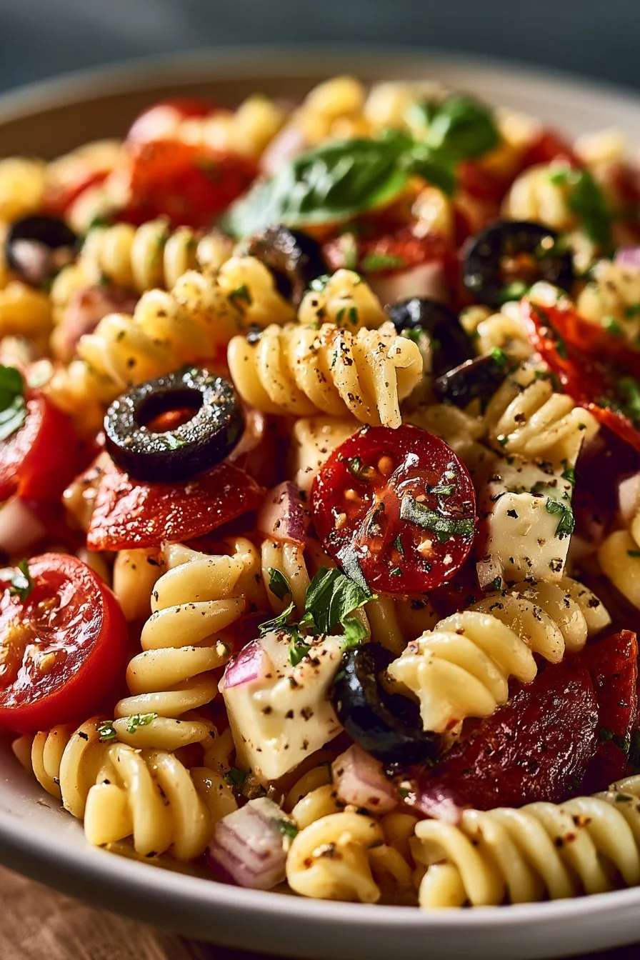 Zesty Pepperoni Italian Pasta Salad garnished with fresh vegetables and dressing.