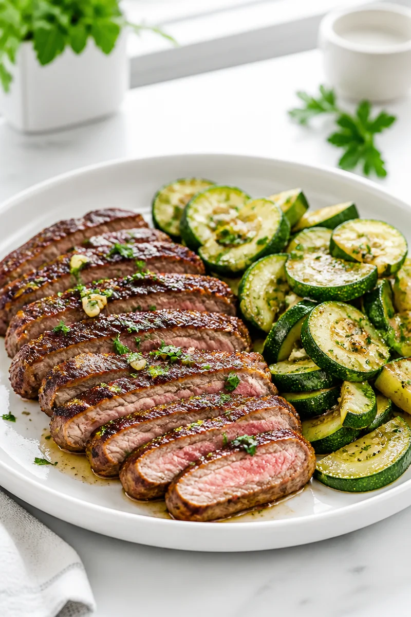 15 minute garlic butter steak served with sautéed zucchini
