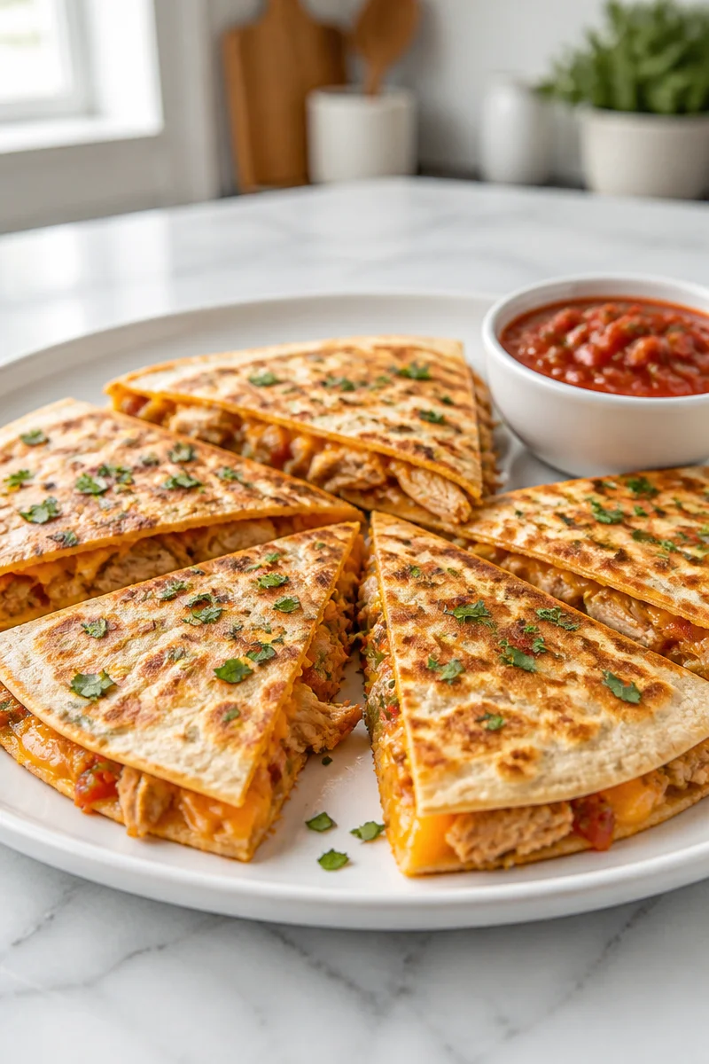 Authentic Chicken Quesadilla with cheddar cheese and salsa on a plate