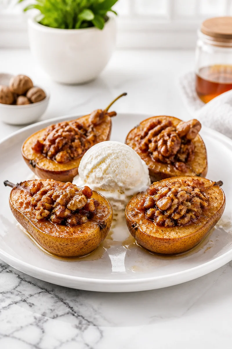 Healthy baked cinnamon pear dessert with walnuts on a plate