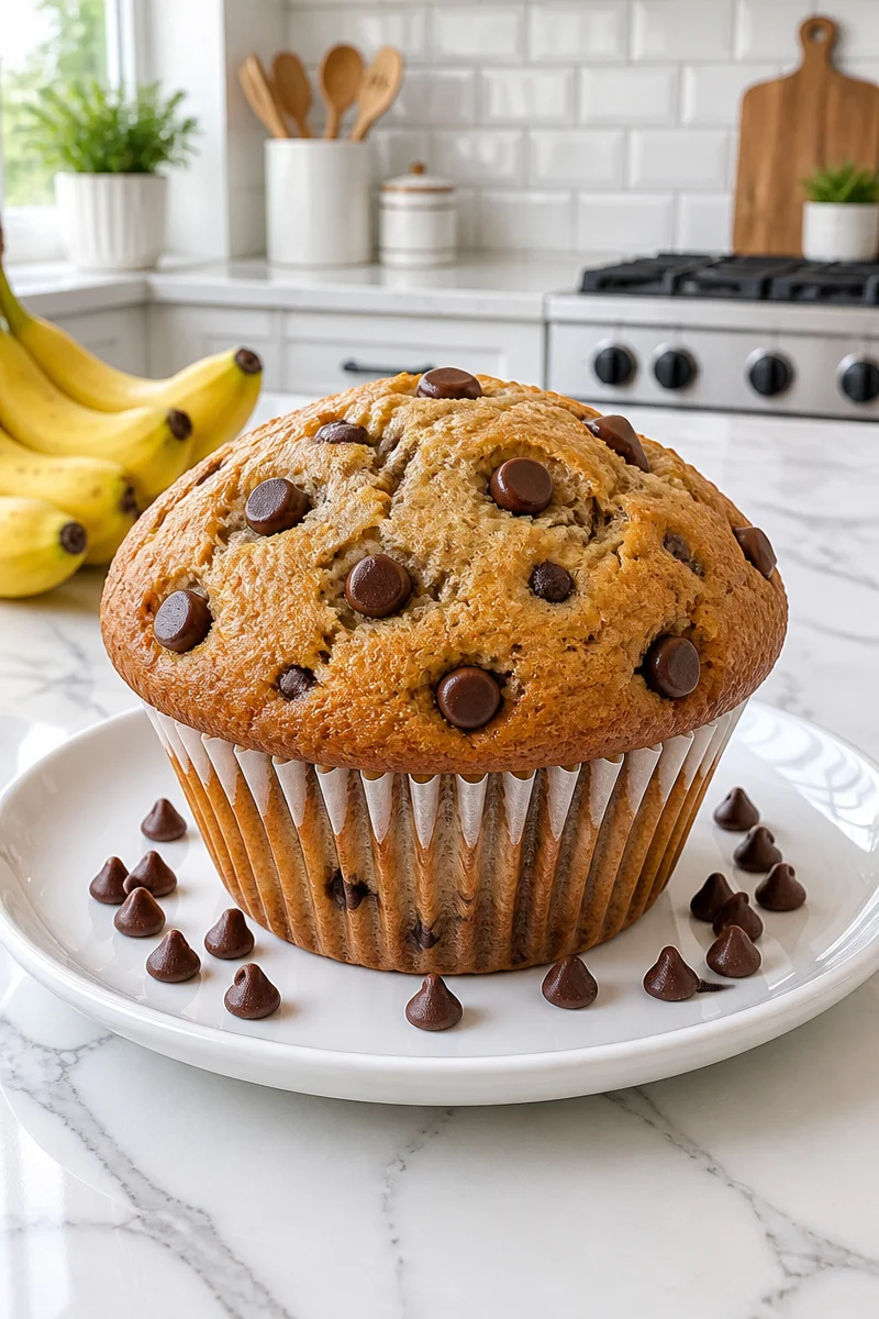 Bakery style jumbo banana chocolate chip muffin with chocolate chips and banana slices