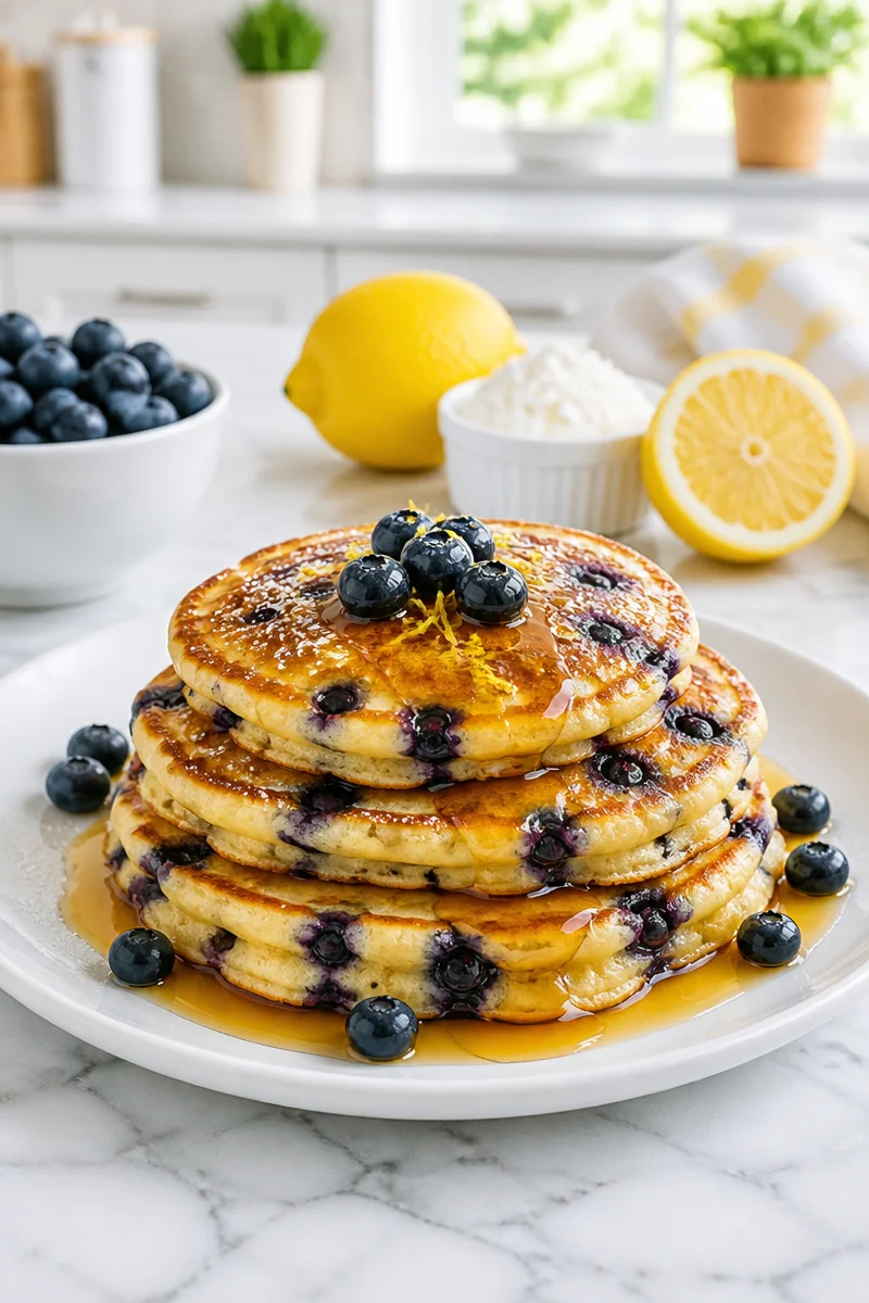 Blueberry and lemon zest cottage cheese pancake served on a plate