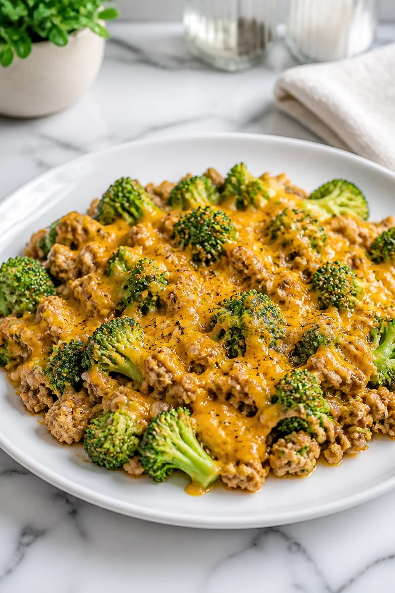 Cheesy broccoli and ground turkey skillet in a pan, a healthy and easy meal.