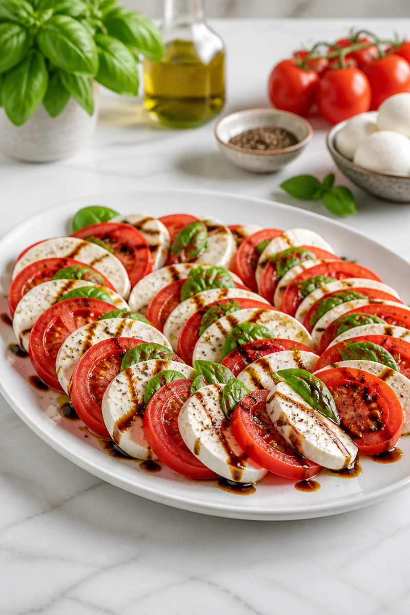 Classic Caprese Salad drizzled with balsamic glaze on a white plate