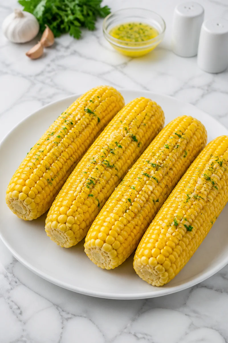 Delicious garlic butter corn on the cob served on a plate