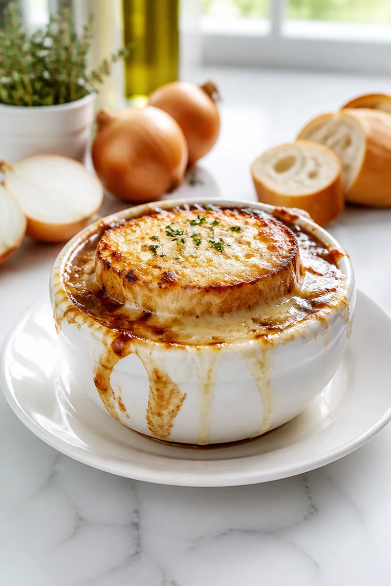 Bowl of classic homemade French onion soup with melted cheese on top