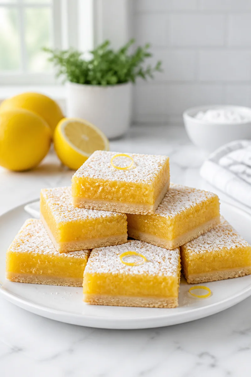 Classic lemon bar dessert with shortbread crust and lemon topping