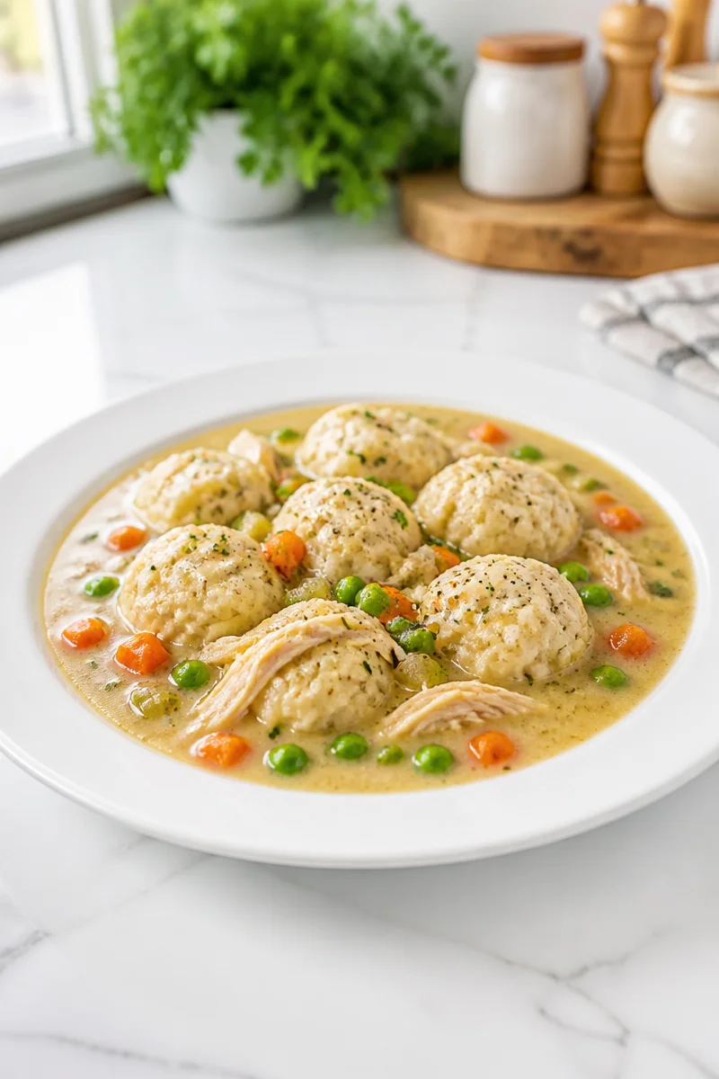 A bowl of classic Southern chicken and dumplings soup with fresh herbs.