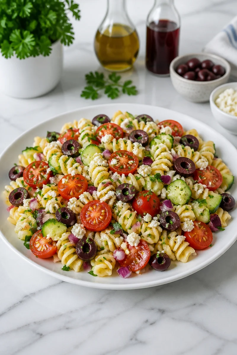 Cold Greek pasta salad with Kalamata olives, fresh vegetables and feta cheese