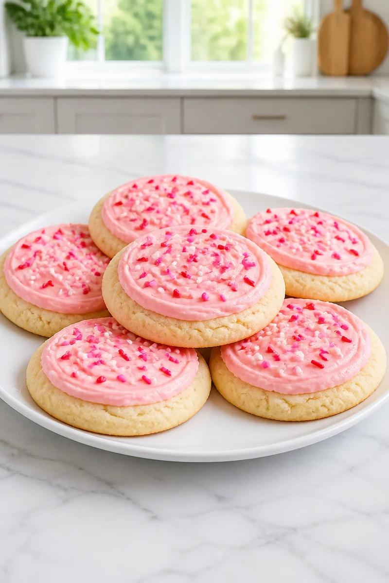 Copycat chilled sugar cookie with pink frosting on a plate