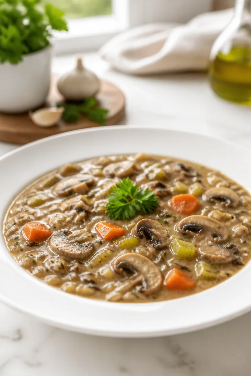 Bowl of cozy autumn wild rice and mushroom soup garnished with fresh herbs
