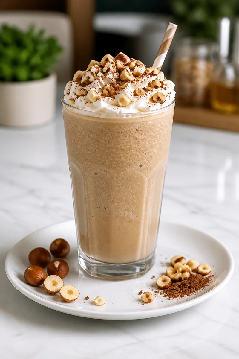 Cozy frosted hazelnut and vanilla cappuccino in a cup