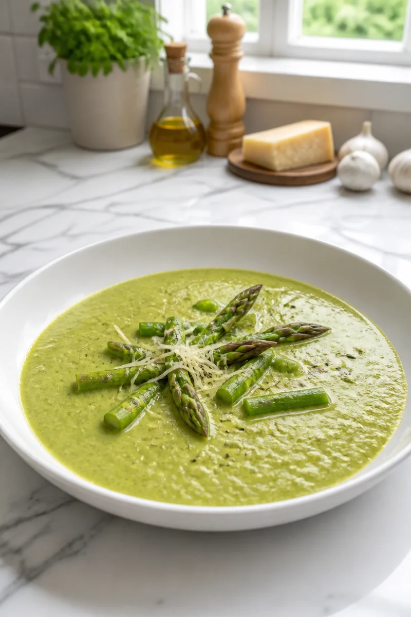 Creamy asparagus and Parmesan soup garnished with fresh herbs.