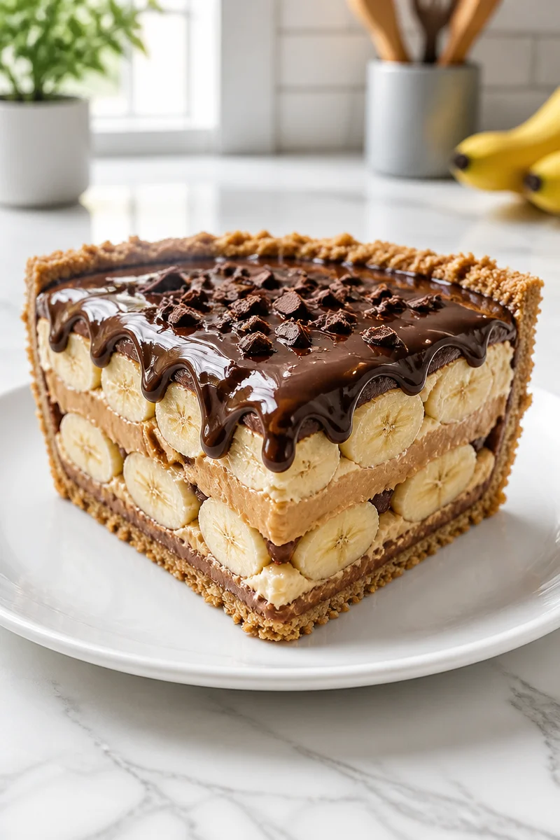 Creamy banana and chocolate peanut butter pie with a crumbly crust